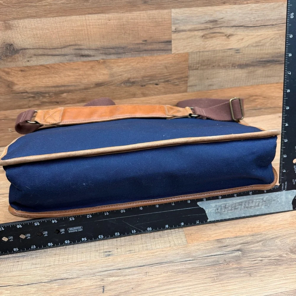 L.L. Bean Canvas Blue Travel Briefcase Shoulder Leather Dowel Rod Bag